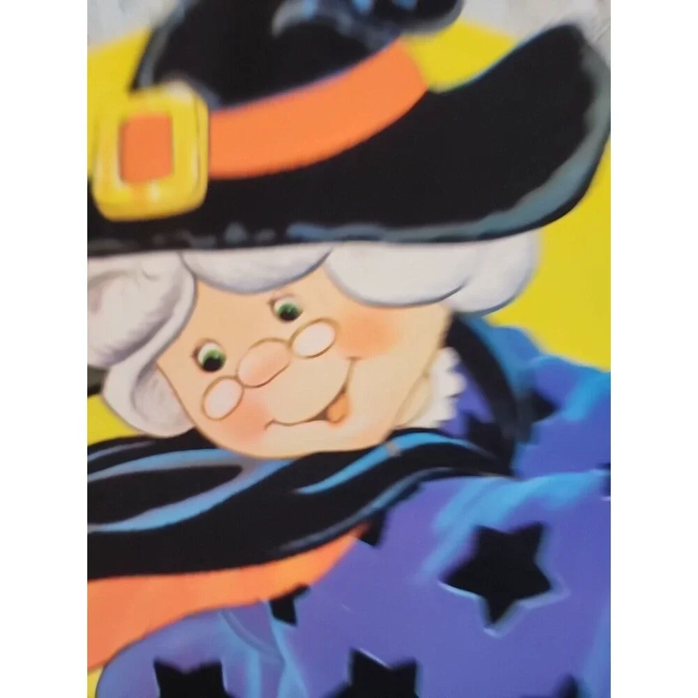 Vintage Halloween Witch on Broom Die Cut Flocked Velvet Double Sided Decoration